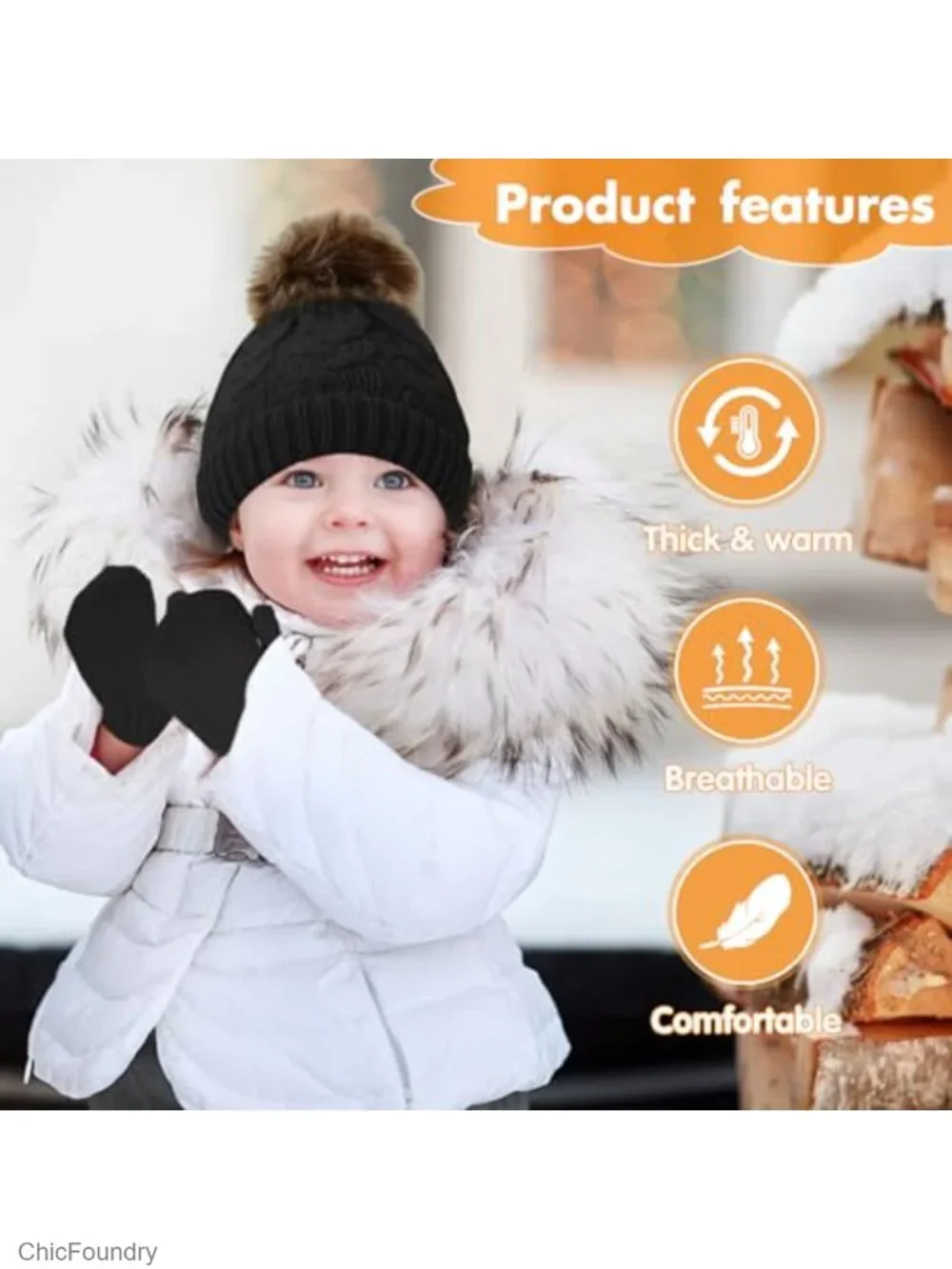 Newborn Baby Knit Winter Hat and Mitten Set with Pompom